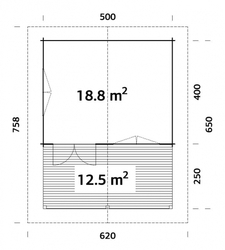 Zahradní chata AGNETA 18,8 + 12,5 m2 750 x 520 cm tl. 70 mm